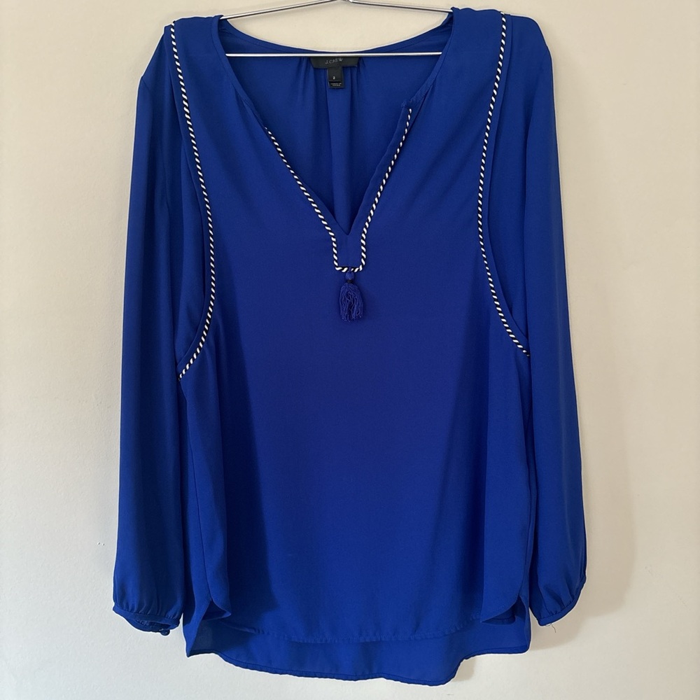 J.Crew Royal Blue Tassel Trim Split Neck Blouse Sz Med Career Top